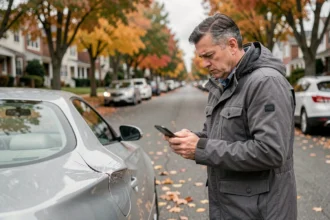 Homme inspecte les dégâts sur son véhicule après un accident non responsable dans une rue résidentielle en automne