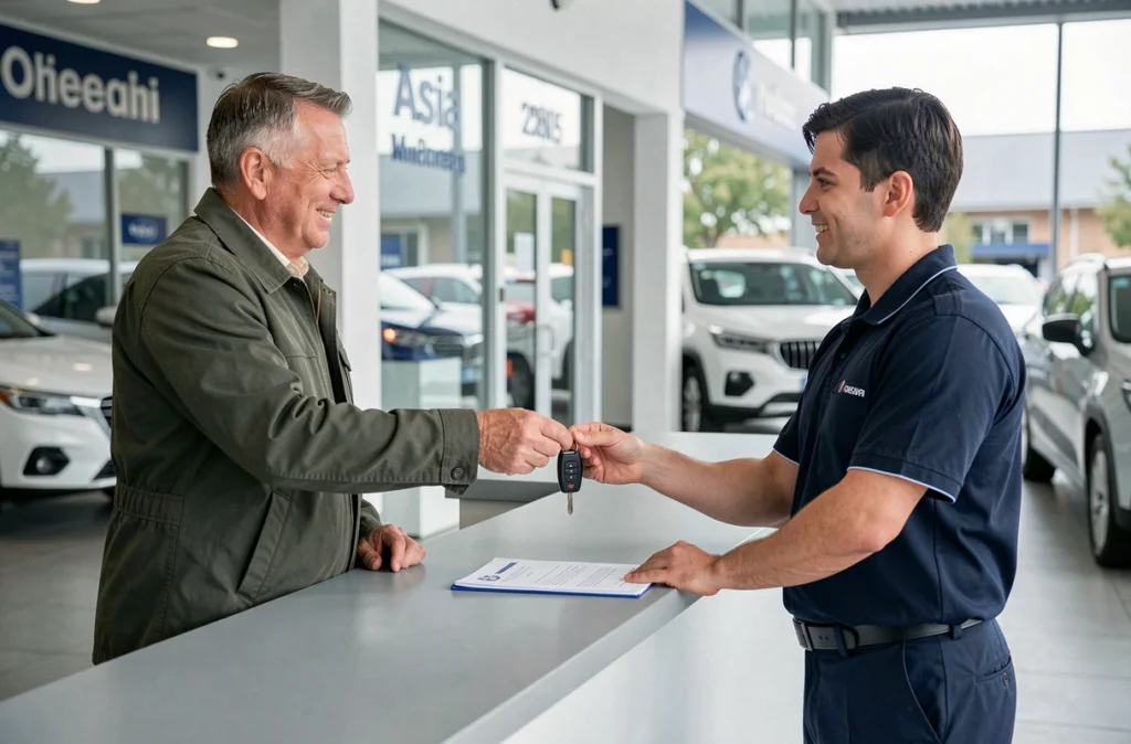 Client remettant ses clés de voiture à un conseiller de concession pour récupérer le code autoradio