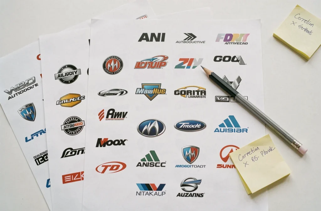 Comparaison de logos de voitures imprimés montrant des erreurs fréquentes de reproduction et de qualité