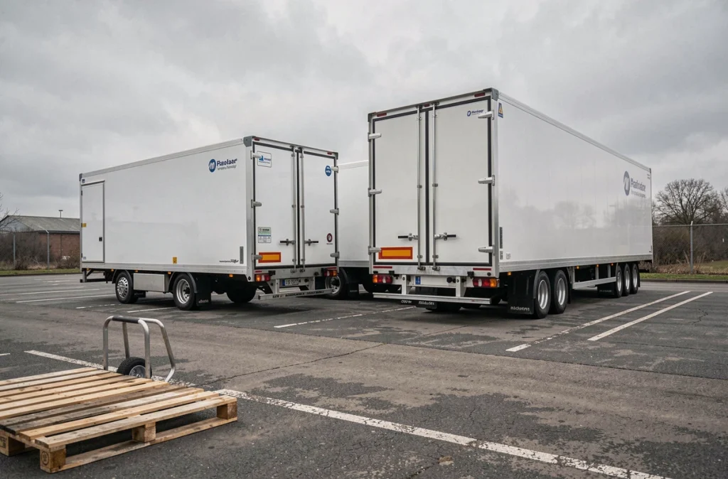 Comparaison de deux remorques frigorifiques de tailles différentes dans un parc de transport
