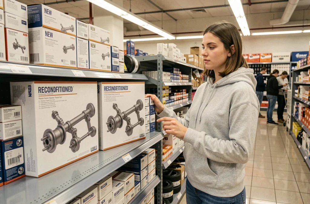 Femme comparant des pièces de train arrière neuves et reconditionnées dans un magasin de pièces auto