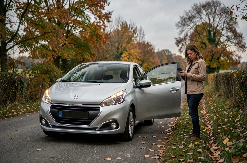Conductrice en panne sur le bord de la route avec sa Peugeot suite à un voyant orange allumé