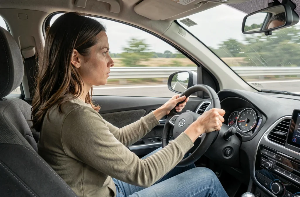 Conductrice au volant sur autoroute scrutant le régime moteur au tableau de bord à 130 km/h