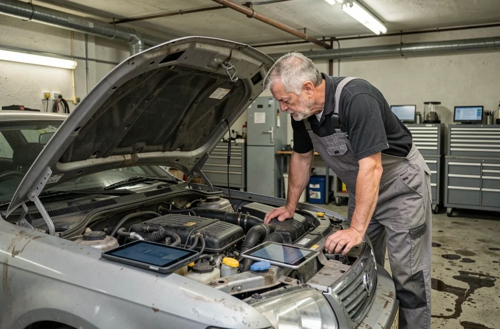Mécanicien contrôlant le moteur d'une voiture d'occasion dans un garage indépendant