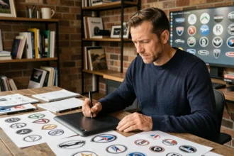 Designer graphique analysant des logos de voitures et évitant les erreurs courantes de conception