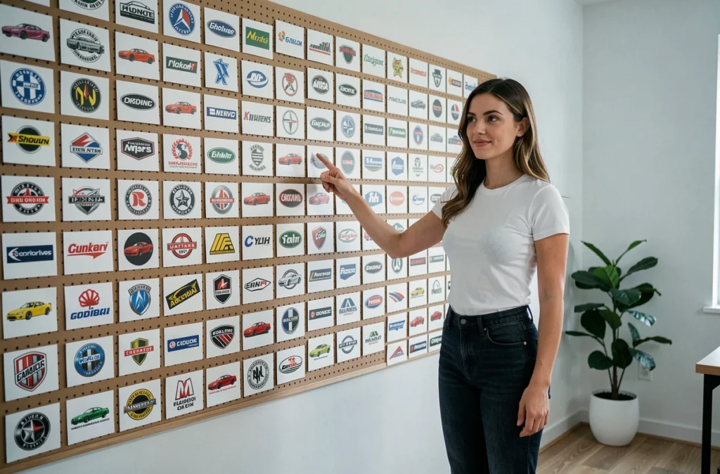 Femme pointant une erreur sur un logo de voiture affiché sur un mur de référence automobile