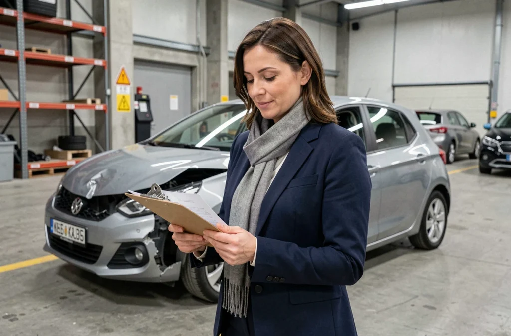 Femme vérifie les documents de gardiennage de son véhicule accidenté dans un parking de fourrière après sinistre