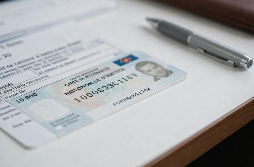 Gros plan sur le numéro de formule d'une carte nationale d'identité française posée sur un bureau avec un formulaire administratif