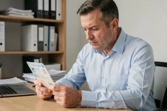 Homme consultant les informations de sa carte d'identité française, notamment le numéro de formule, à son bureau à domicile