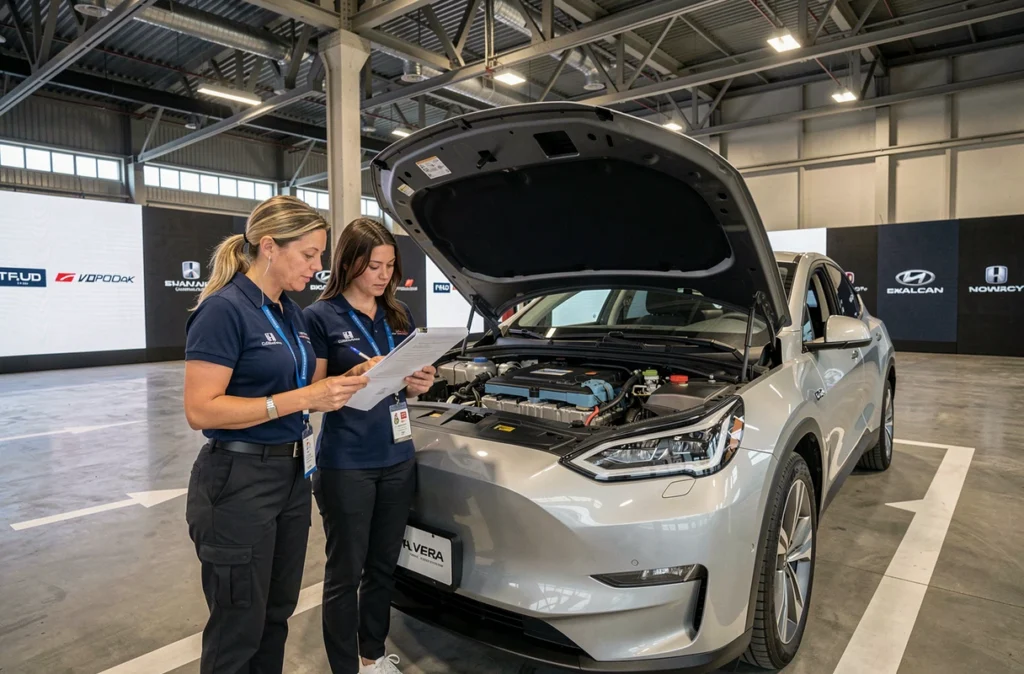 Deux ingénieures automobiles discutant d'un SUV électrique en exposition au Salon de l'automobile 2026 Paris