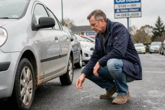 Homme inspectant une voiture d'occasion à 5000 euros dans un parking de concessionnaire