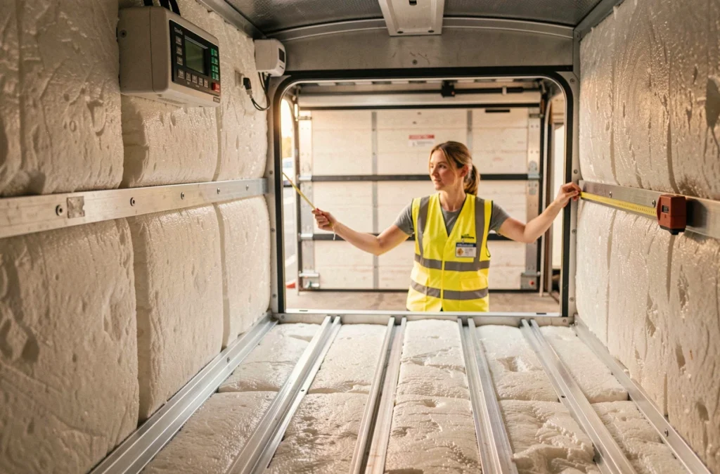 Intérieur d'une remorque frigorifique avec mesure du volume utile par une inspectrice logistique