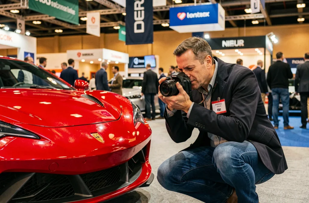 Journaliste automobile photographiant un prototype de voiture de sport rouge au Salon de Paris 2026