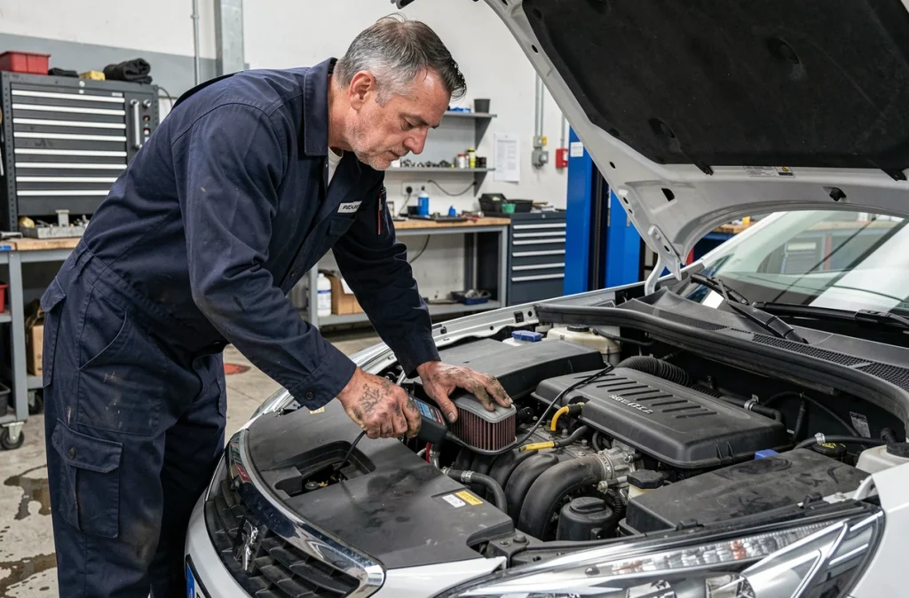 Mécanicien diagnostiquant une perte de puissance sur une Peugeot dans un garage automobile