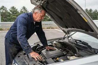 Mécanicien inspectant un moteur de voiture sur une aire d'autoroute pour diagnostiquer bruit et vibrations à haute vitesse