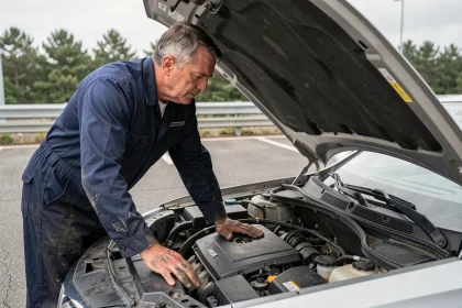Mécanicien inspectant un moteur de voiture sur une aire d'autoroute pour diagnostiquer bruit et vibrations à haute vitesse