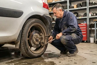 Mécanicien inspectant le train arrière d'une Peugeot 206 dans un atelier automobile professionnel