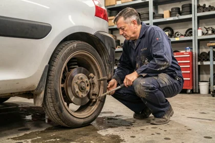 Mécanicien inspectant le train arrière d'une Peugeot 206 dans un atelier automobile professionnel