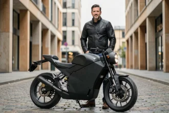 Homme en veste de moto noire posant fièrement à côté d'une moto électrique moderne dans une rue urbaine pavée
