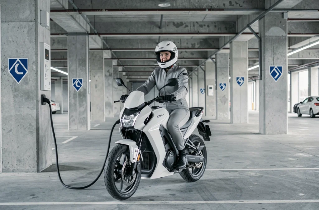 Femme motarde en combinaison grise rechargeant sa moto électrique blanche dans un parking moderne équipé de bornes de recharge