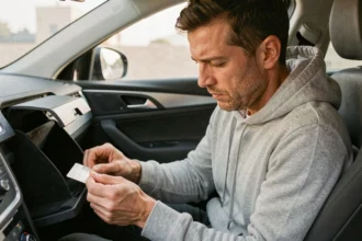 Homme consultant un sticker de code autoradio à l'intérieur du vide-poche de sa voiture