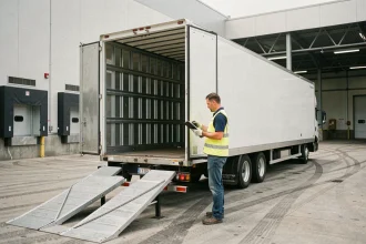 Remorque frigorifique à quai de chargement avec intérieur isolé visible et travailleur logistique
