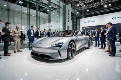 Voiture électrique concept exposée au Salon de l'automobile 2026 à Paris avec des visiteurs admirant le design futuriste