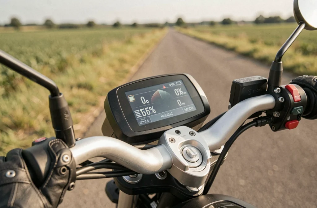 Gros plan sur le tableau de bord numérique d'une moto électrique affichant l'autonomie et le niveau de batterie, mains gantées sur le guidon