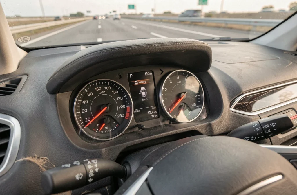 Tableau de bord de voiture montrant un régime moteur élevé et une vitesse de 130 km/h avec vibrations perceptibles