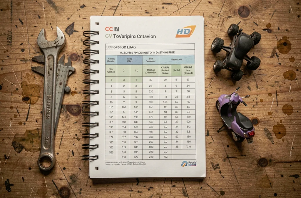 Tableau de conversion CC en CV posé sur un établi avec des outils de mécanique pour quad et scooter
