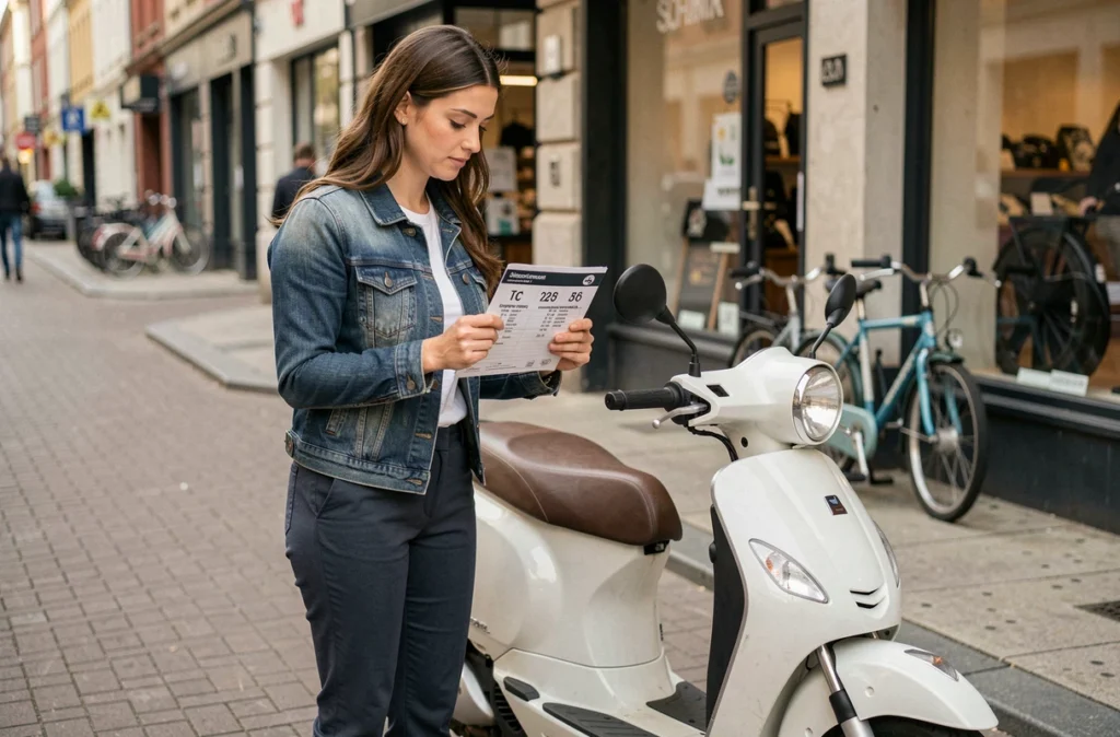 Femme consultant un tableau de conversion cylindrée CC en CV pour scooter en ville