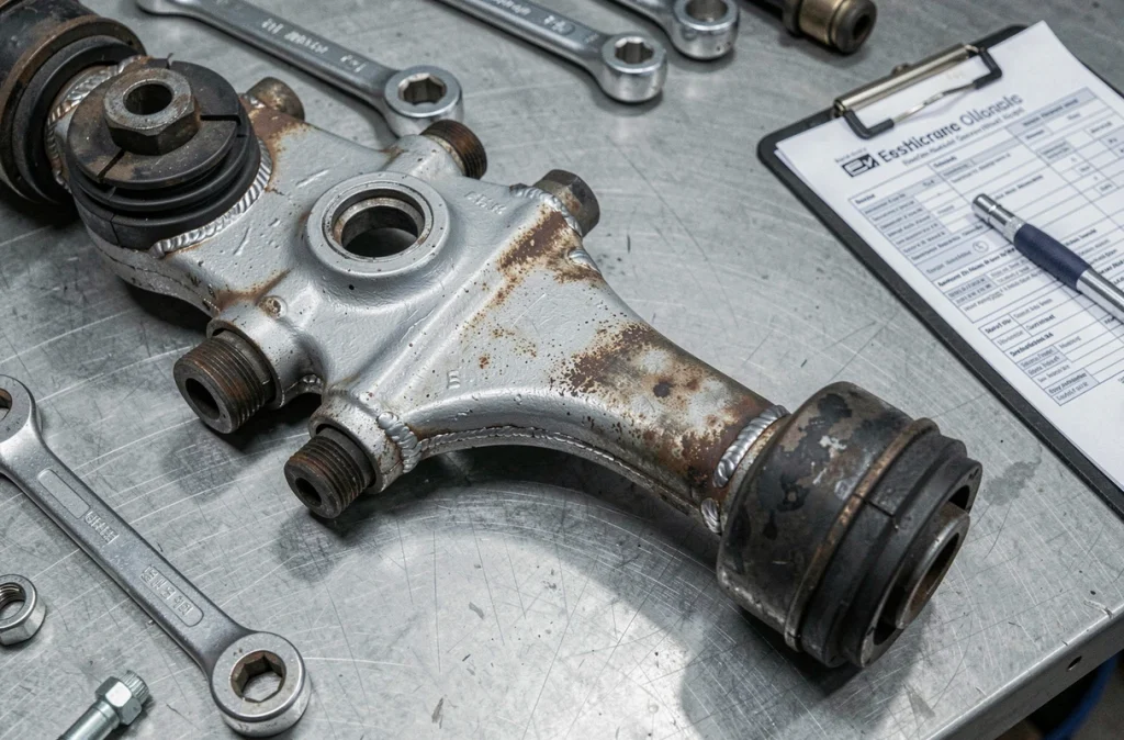 Train arrière reconditionné de Peugeot 206 posé sur un établi avec outils de mécanique