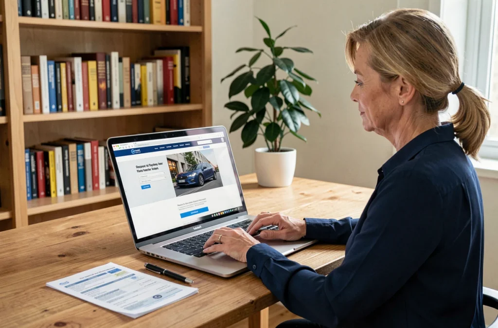 Femme recherchant le code autoradio gratuit sur le site du constructeur depuis son bureau à domicile