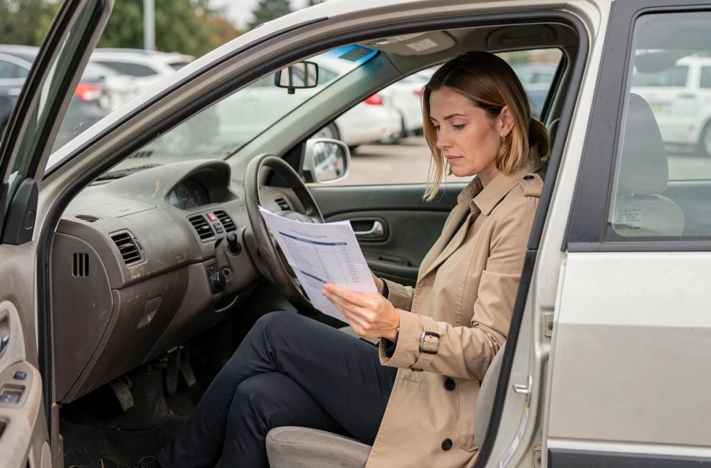 Femme consultant un rapport d'historique de véhicule avant l'achat d'une voiture occasion