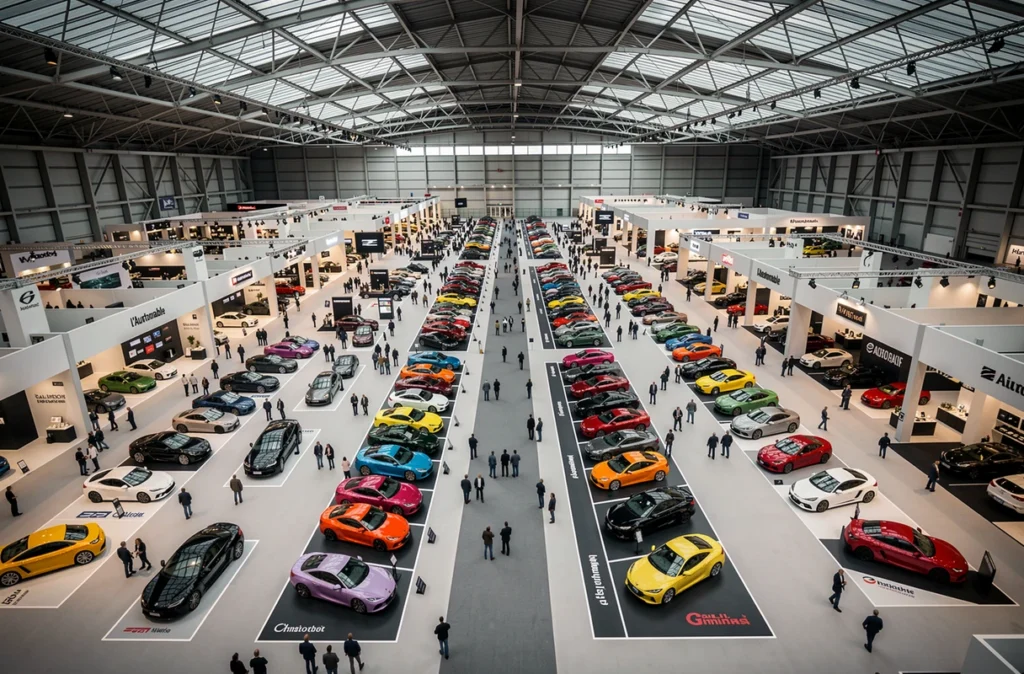 Vue aérienne du hall principal du Salon de l'automobile de Paris 2026 avec tous les stands et véhicules exposés