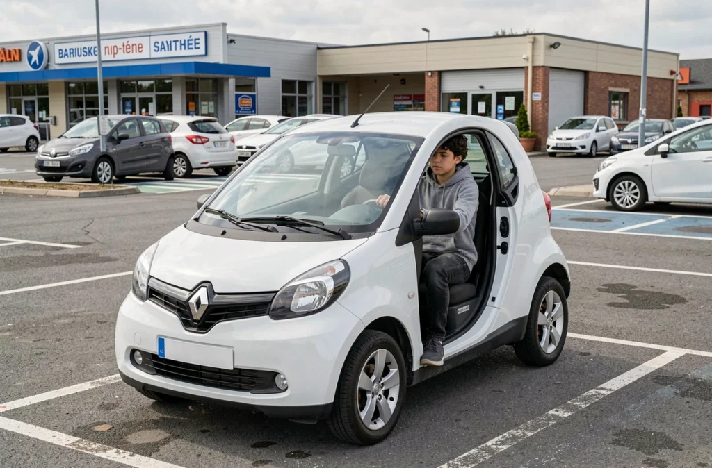 Adolescent conduisant une voiture sans permis Renault blanche dans un parking de supermarché
