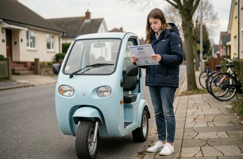 Adolescente tenant un certificat de BSR à côté d'une voiture sans permis dans une rue résidentielle