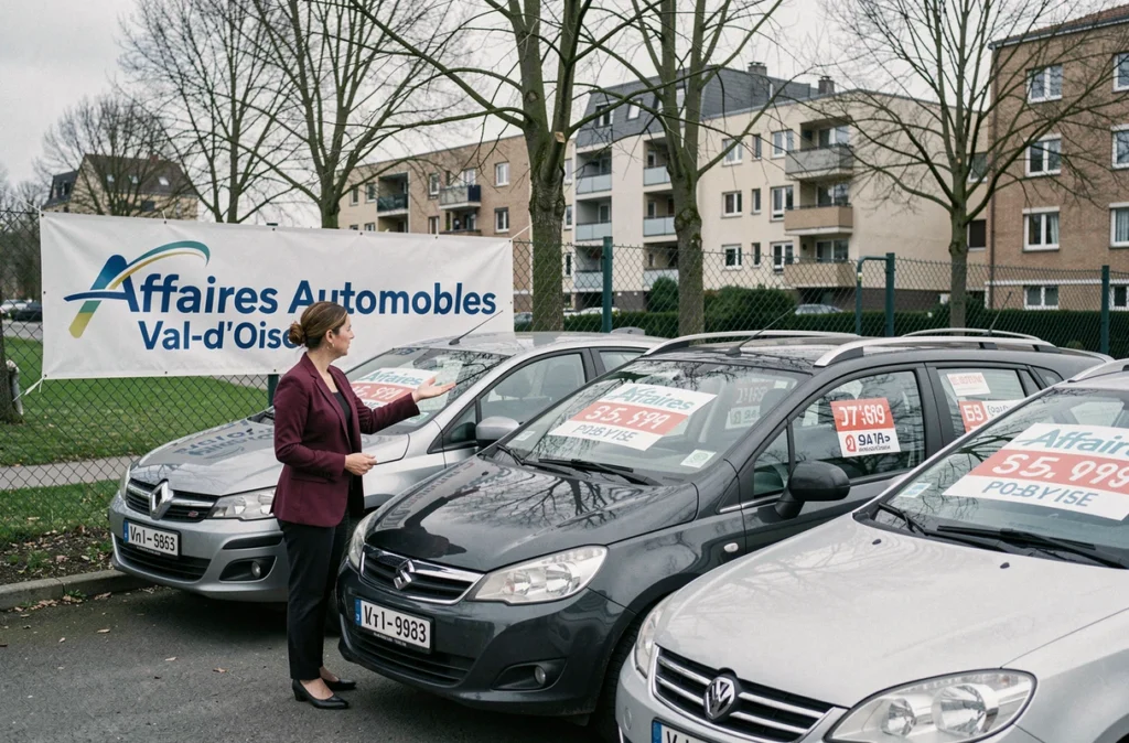 Vendeuse d'Affaires Automobiles Val-d'Oise présentant des voitures d'occasion avec des bannières de prix dans un contexte périurbain