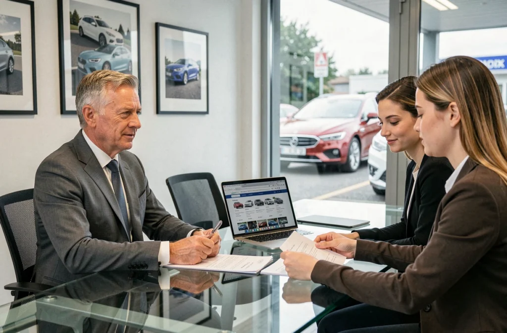Conseiller automobile de L'Agence Automobilière Cergy Pontoise en rendez-vous avec un couple dans un bureau moderne