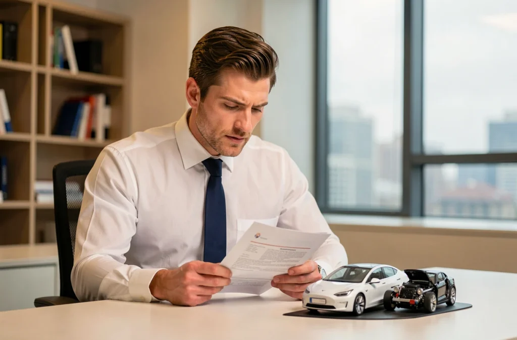 Agent d'assurance comparant les contrats pour voiture électrique et voiture essence dans un bureau professionnel
