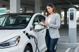 Femme consultant son téléphone devant une voiture électrique branchée à une borne de recharge en parking urbain