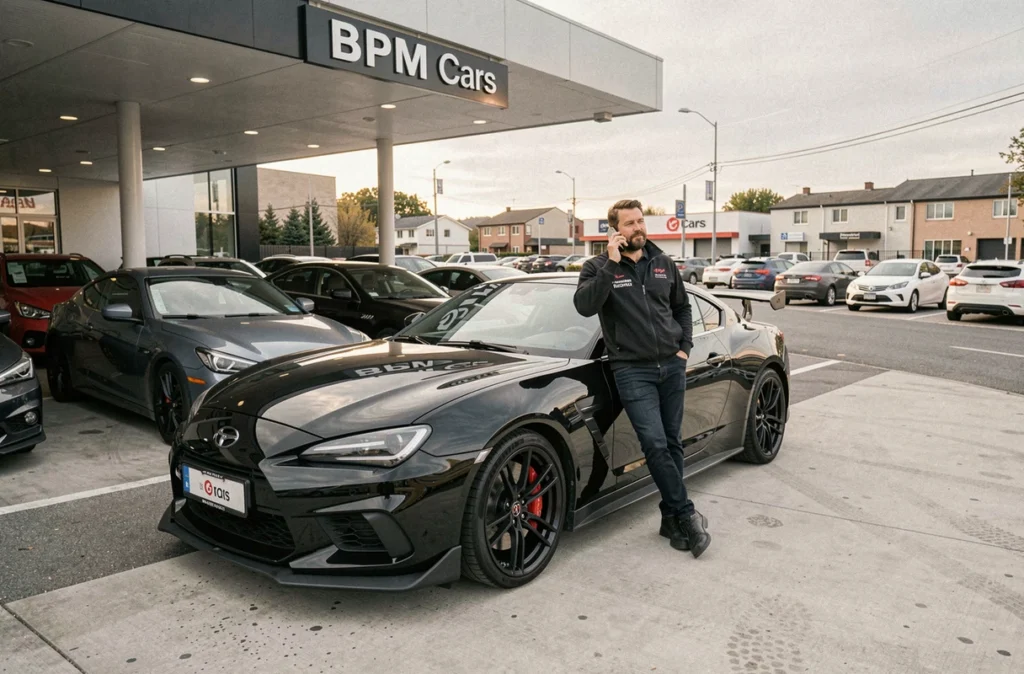 Vendeur du garage BPM Cars appuyé contre une voiture de sport d'occasion sous le panneau de l'enseigne