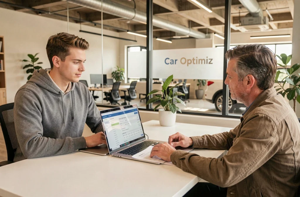 Consultant de Car Optimiz et client examinant ensemble un rapport d'évaluation de voiture d'occasion dans un bureau moderne