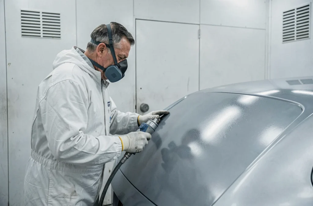 Technicien de la Carrosserie Villeneuvoise appliquant de la peinture dans une cabine de peinture professionnelle à Villeneuve-sur-Lot