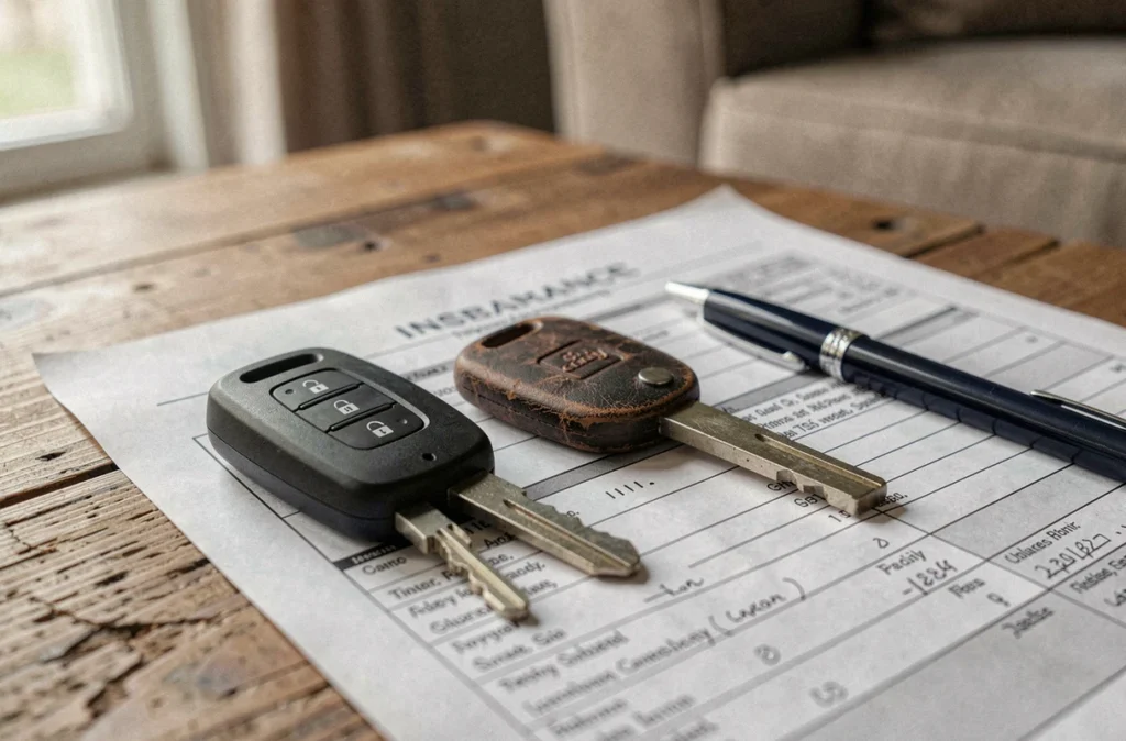 Clés de voiture électrique et thermique posées sur un document d'assurance automobile sur une table en bois