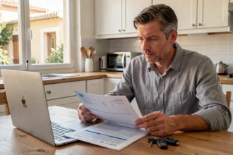 Homme comparant des offres d'assurance auto sur ordinateur portable avec des documents imprimés sur une table en bois à Vitrolles