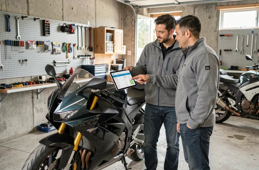Deux hommes comparant des offres d'assurance moto sur tablette dans un garage