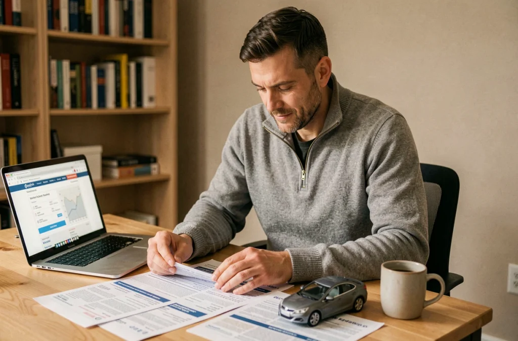 Homme comparant des devis d'assurance automobile à son bureau à domicile, avec des documents et un modèle réduit de voiture