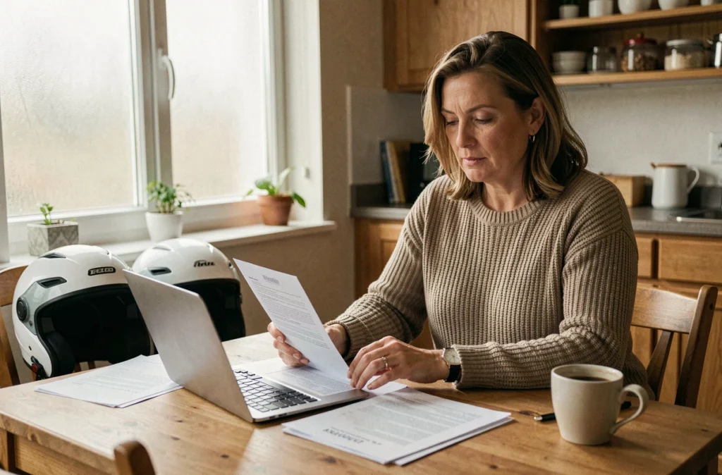 Femme comparant des devis d'assurance quad sur ordinateur portable avec des documents papier sur une table, symbolisant la comparaison des tarifs d'assurance