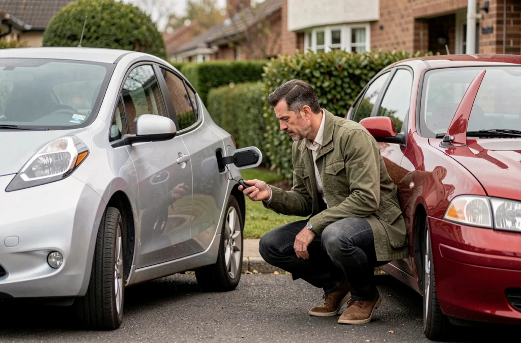 Homme comparant une voiture électrique et une voiture essence garées côte à côte dans une allée résidentielle